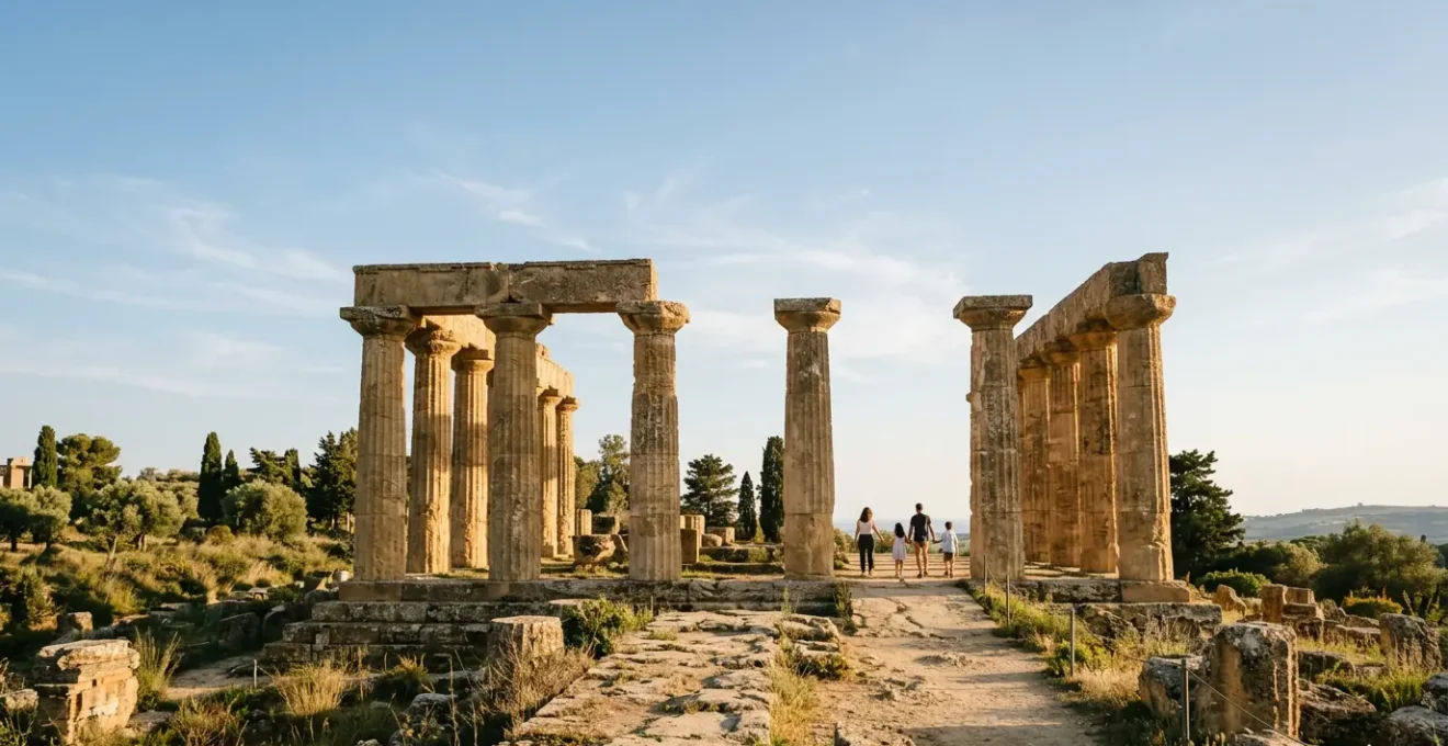 Famiglia con bambini esplora un sito archeologico UNESCO italiano tra antiche rovine e natura