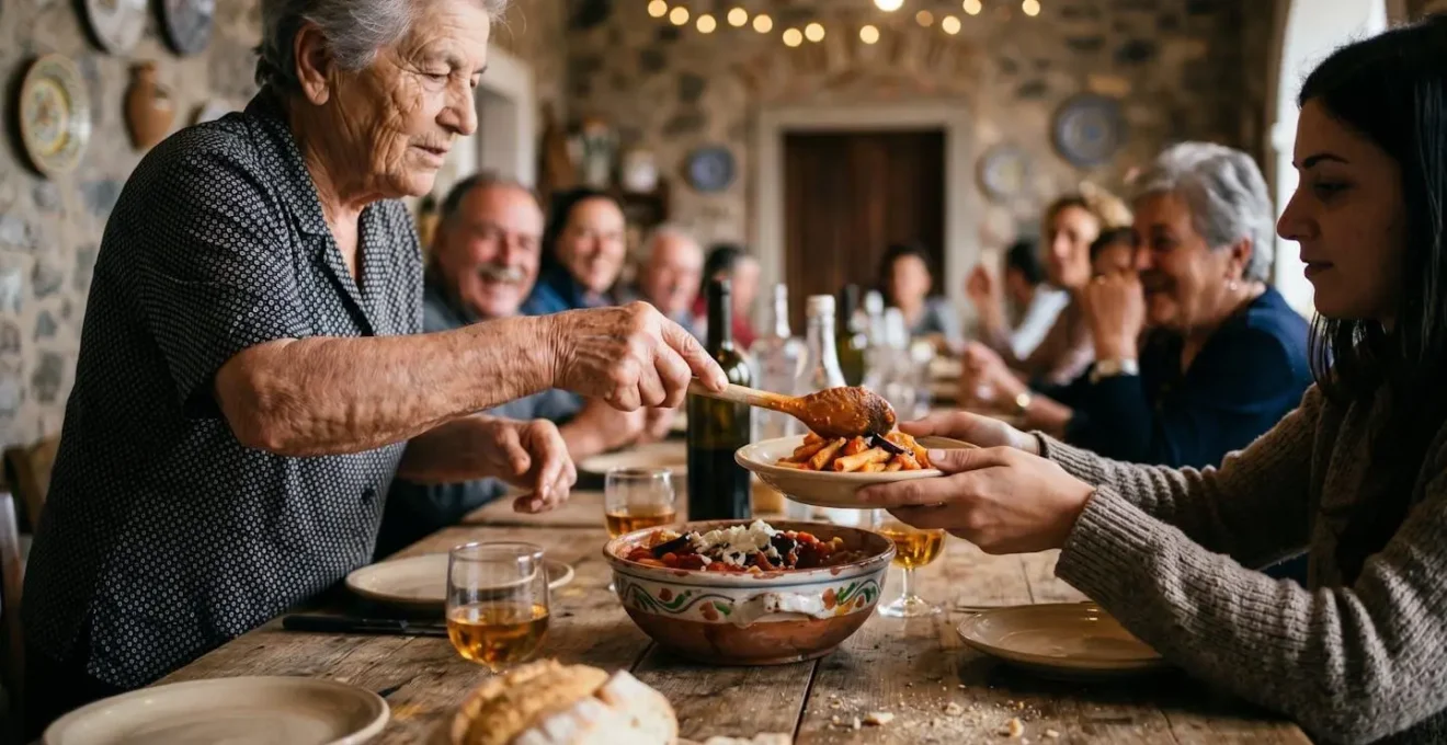 Tavolo comune durante una sagra eoliana con abitanti locali e visitatori che condividono cibo tradizionale