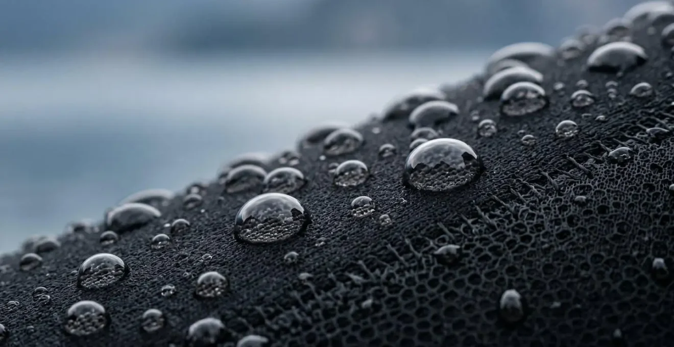 Dettaglio macro di gocce d'acqua fredda su muta da windsurf nera con texture del neoprene visibile