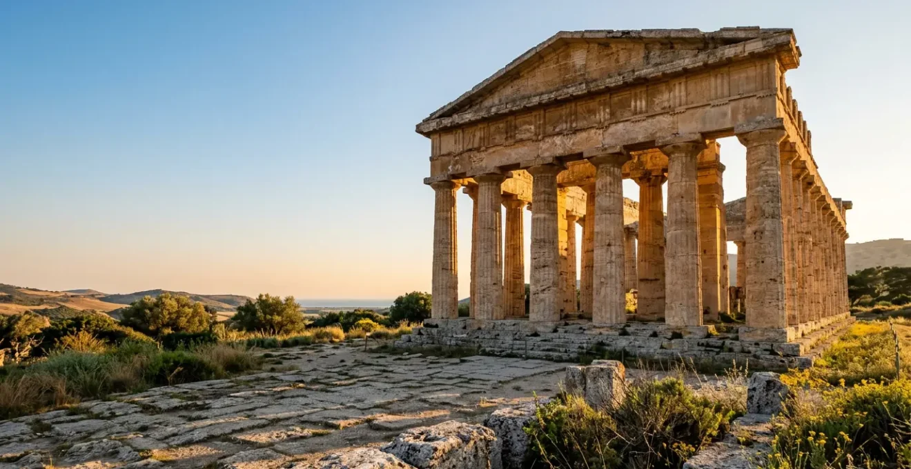 Maestose colonne doriche di un tempio della Magna Grecia illuminate dalla luce dorata del tramonto