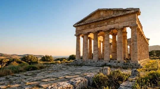 Maestose colonne doriche di un tempio della Magna Grecia illuminate dalla luce dorata del tramonto