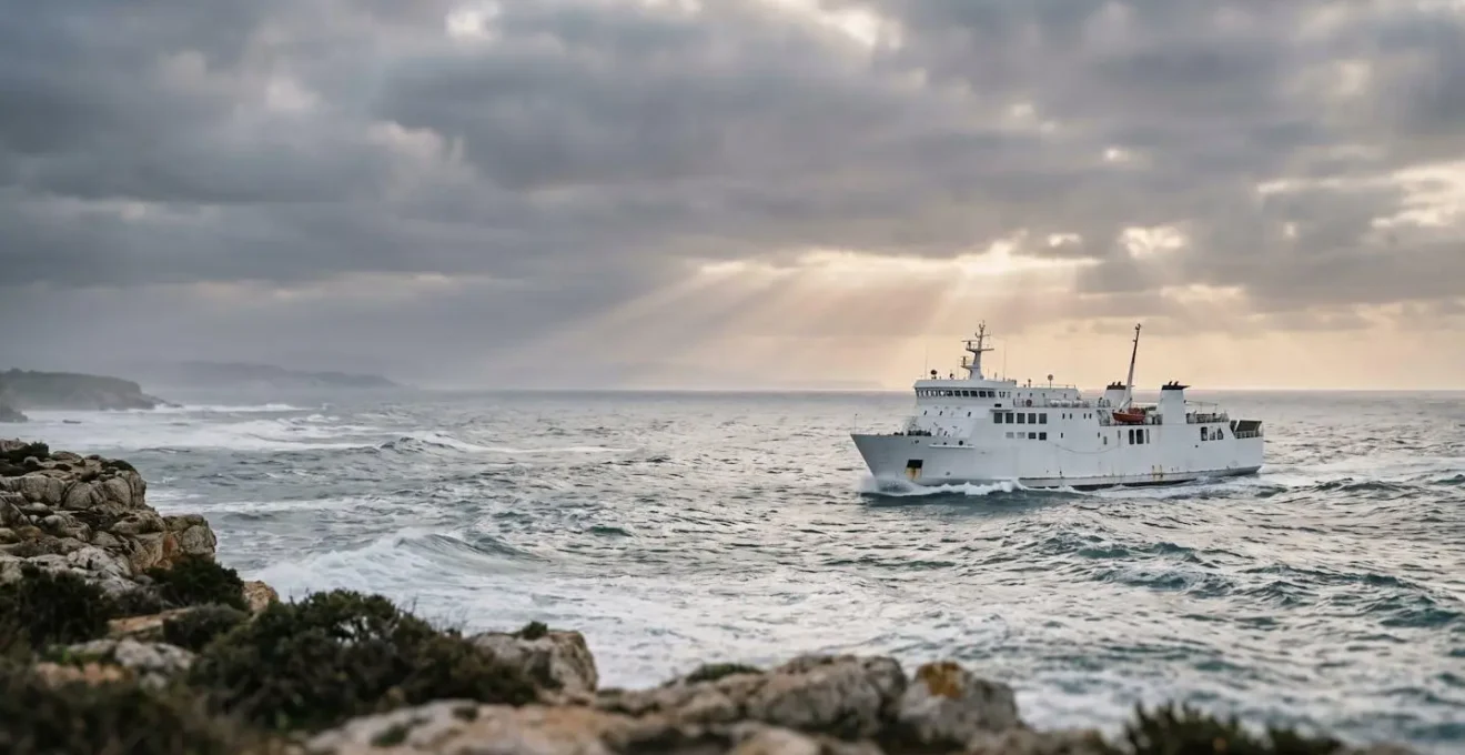 Traghetto che naviga in condizioni di mare mosso nel Mediterraneo con onde e cielo nuvoloso