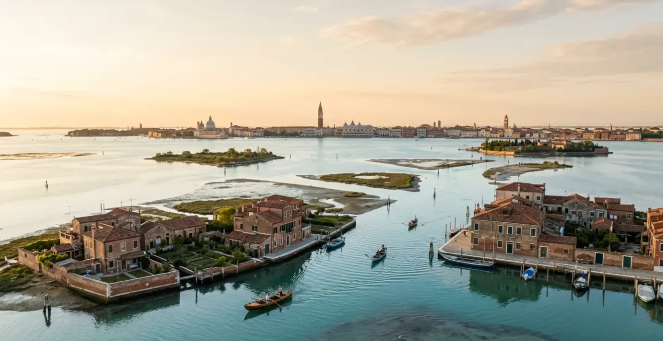 Veduta panoramica della laguna veneziana con isole minori e barche tradizionali, simbolo di turismo rispettoso e sostenibile