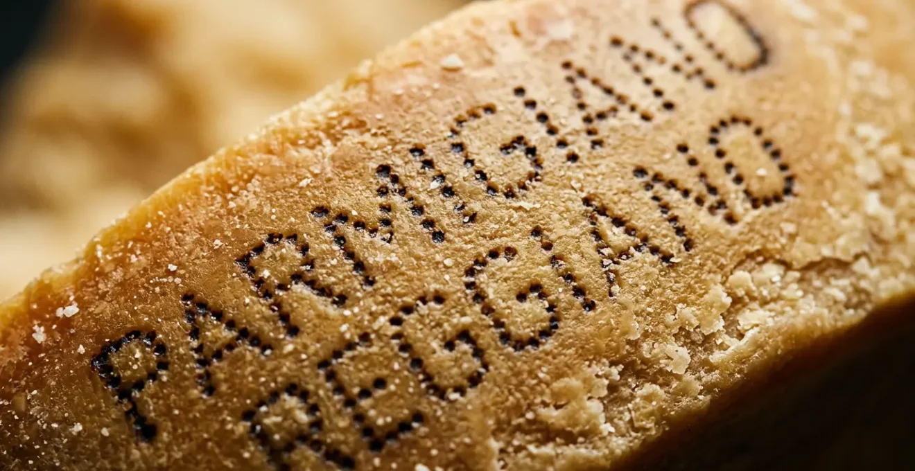 Dettaglio ravvicinato della crosta di Parmigiano Reggiano con marchi DOP autentici e texture naturale del formaggio stagionato