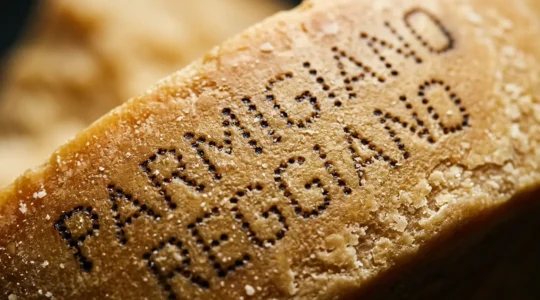 Dettaglio ravvicinato della crosta di Parmigiano Reggiano con marchi DOP autentici e texture naturale del formaggio stagionato