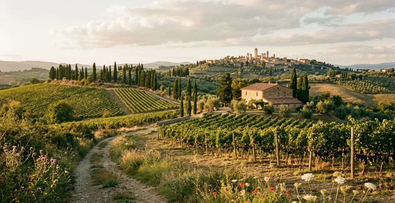 Colline toscane con vigneti maturi e cipressi al tramonto durante la stagione della vendemmia