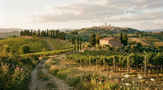 Colline toscane con vigneti maturi e cipressi al tramonto durante la stagione della vendemmia