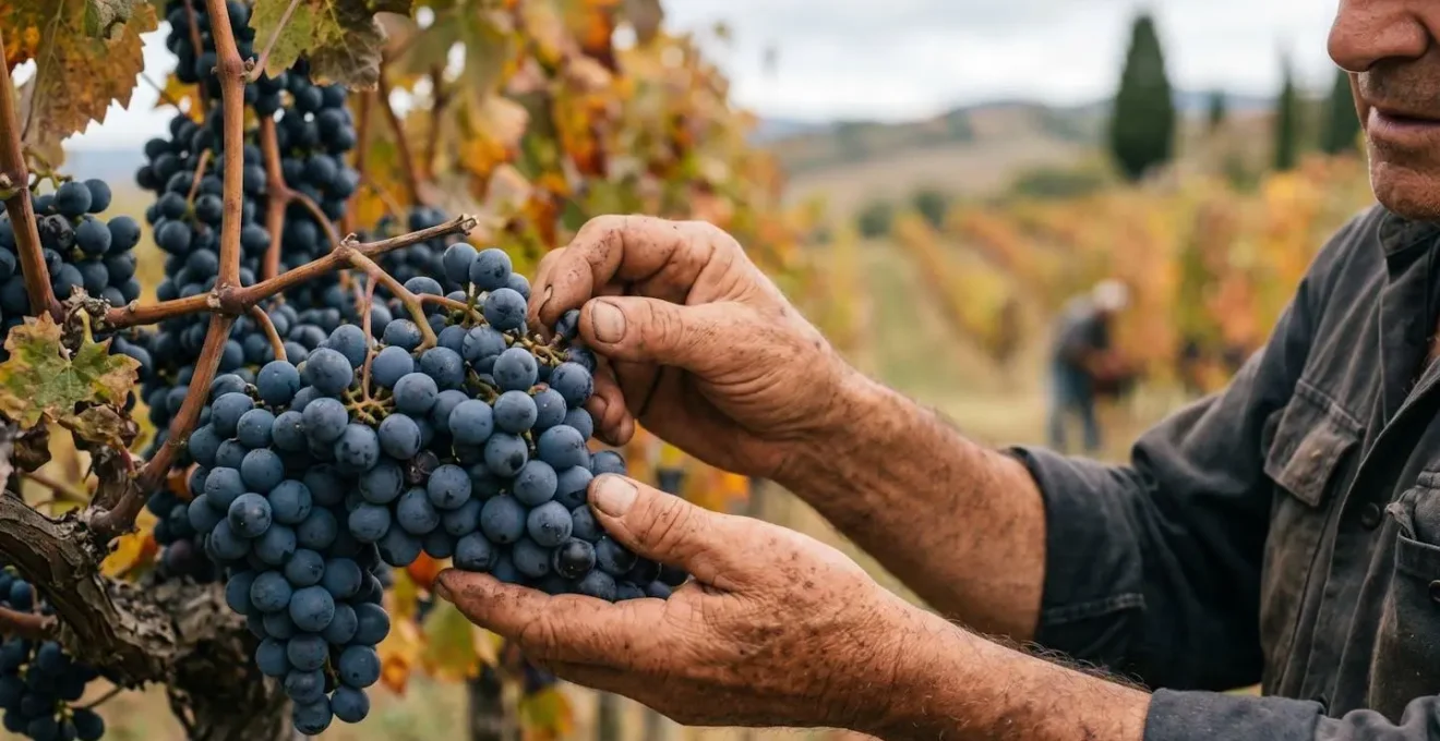 Vigneto del Chianti in autunno con foglie dorate e grappoli di uva Sangiovese maturi