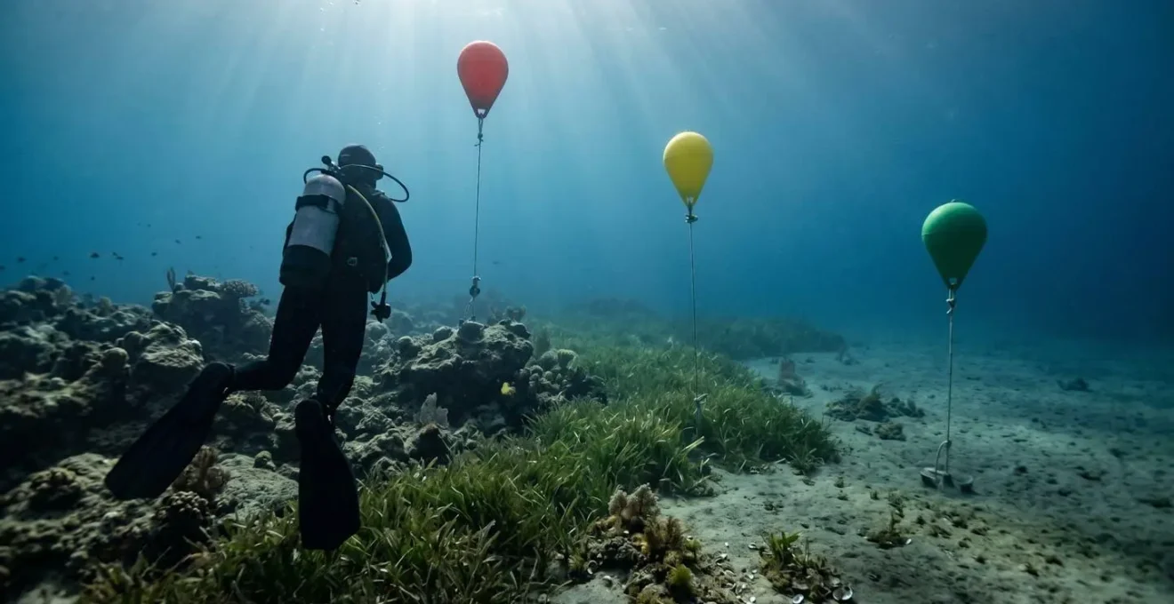 Rappresentazione visiva delle zone A, B e C nelle aree marine protette italiane con subacqueo che osserva segnaletica subacquea