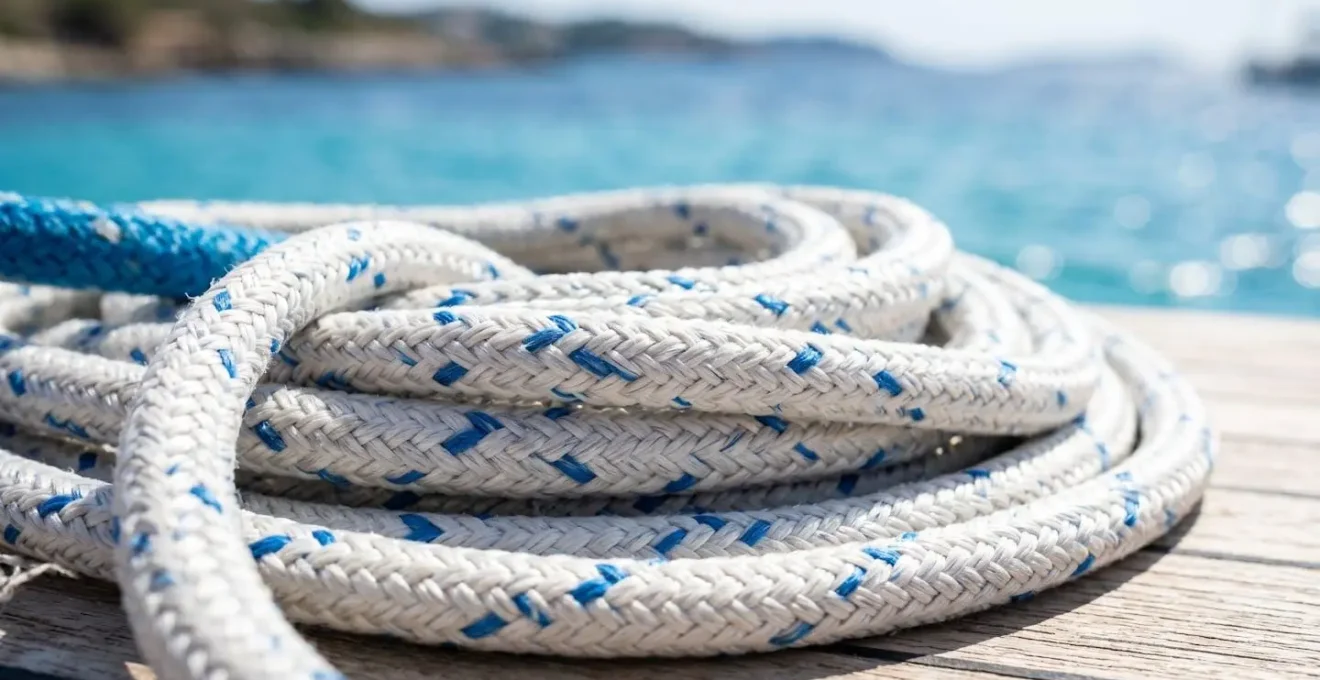 Primo piano ravvicinato di cime nautiche bianche e blu intrecciate su una barca a vela, con texture della corda ben definita e mare turchese completamente sfocato sullo sfondo