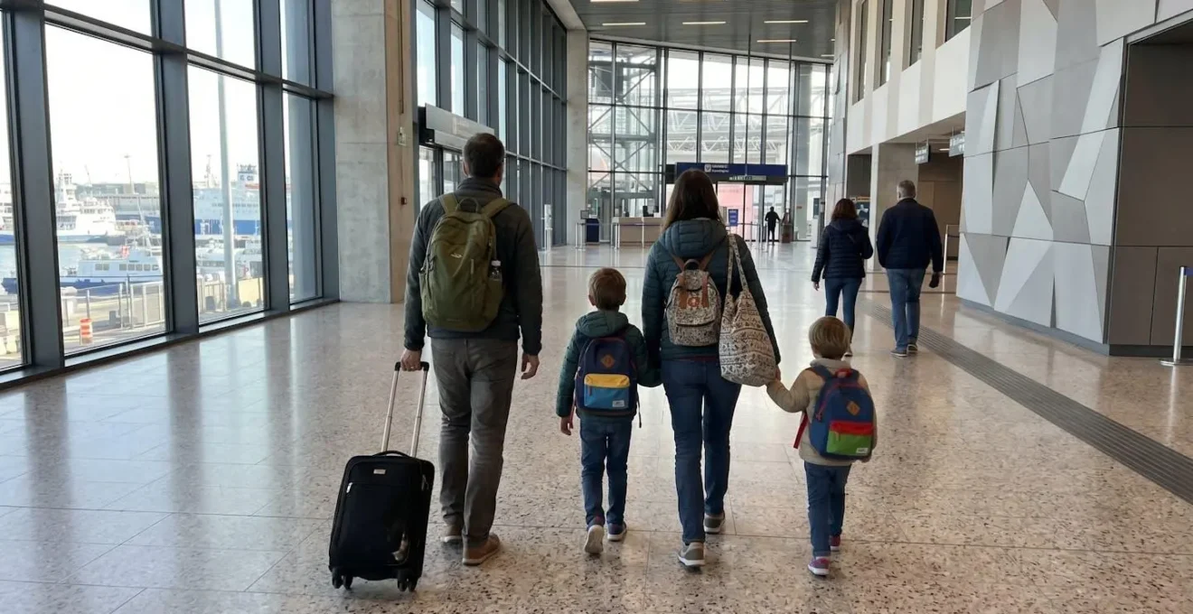 Una famiglia vista di spalle che cammina nell'atrio luminoso di un traghetto moderno, con bagaglio a mano compatto e zaini, ambiente contemporaneo con luce naturale