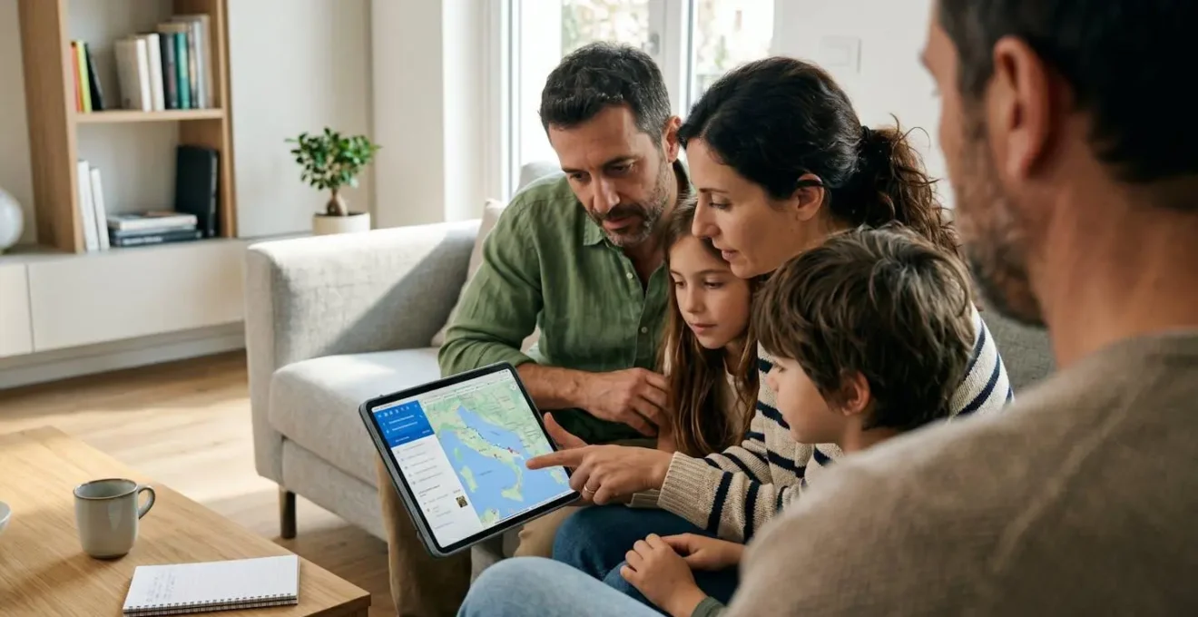 Una famiglia italiana consulta insieme un tablet in un ambiente domestico luminoso per organizzare il viaggio in Sardegna