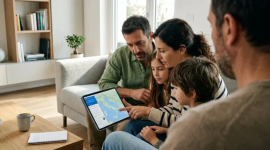 Una famiglia italiana consulta insieme un tablet in un ambiente domestico luminoso per organizzare il viaggio in Sardegna