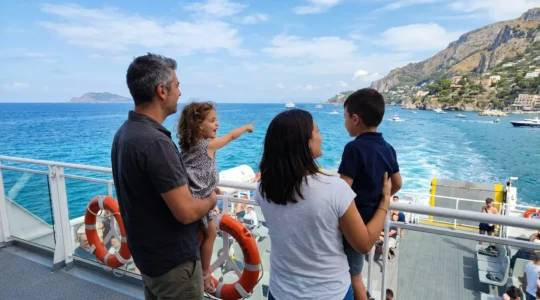 Una famiglia italiana con due bambini osserva il mare dal ponte di un traghetto moderno durante una giornata di sole