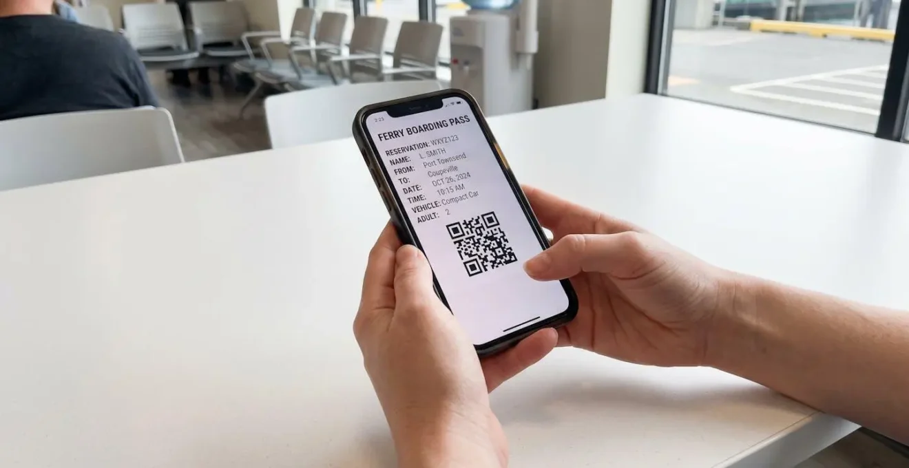 Mani che tengono uno smartphone con il boarding pass digitale di un traghetto sullo schermo