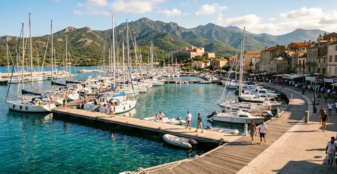 Vista panoramica di un porto turistico corso con barche a vela ormeggiate lungo i pontili, acqua turchese cristallina e montagne verdi sullo sfondo sotto un cielo luminoso