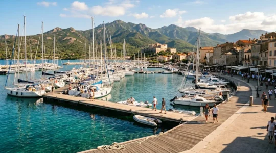 Vista panoramica di un porto turistico corso con barche a vela ormeggiate lungo i pontili, acqua turchese cristallina e montagne verdi sullo sfondo sotto un cielo luminoso